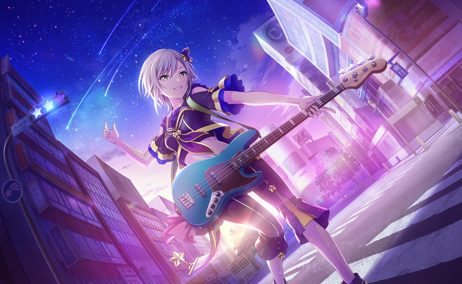 building, city, colorful_palette, gray_hair, green_eyes, guitar, hinomori_shiho, instrument