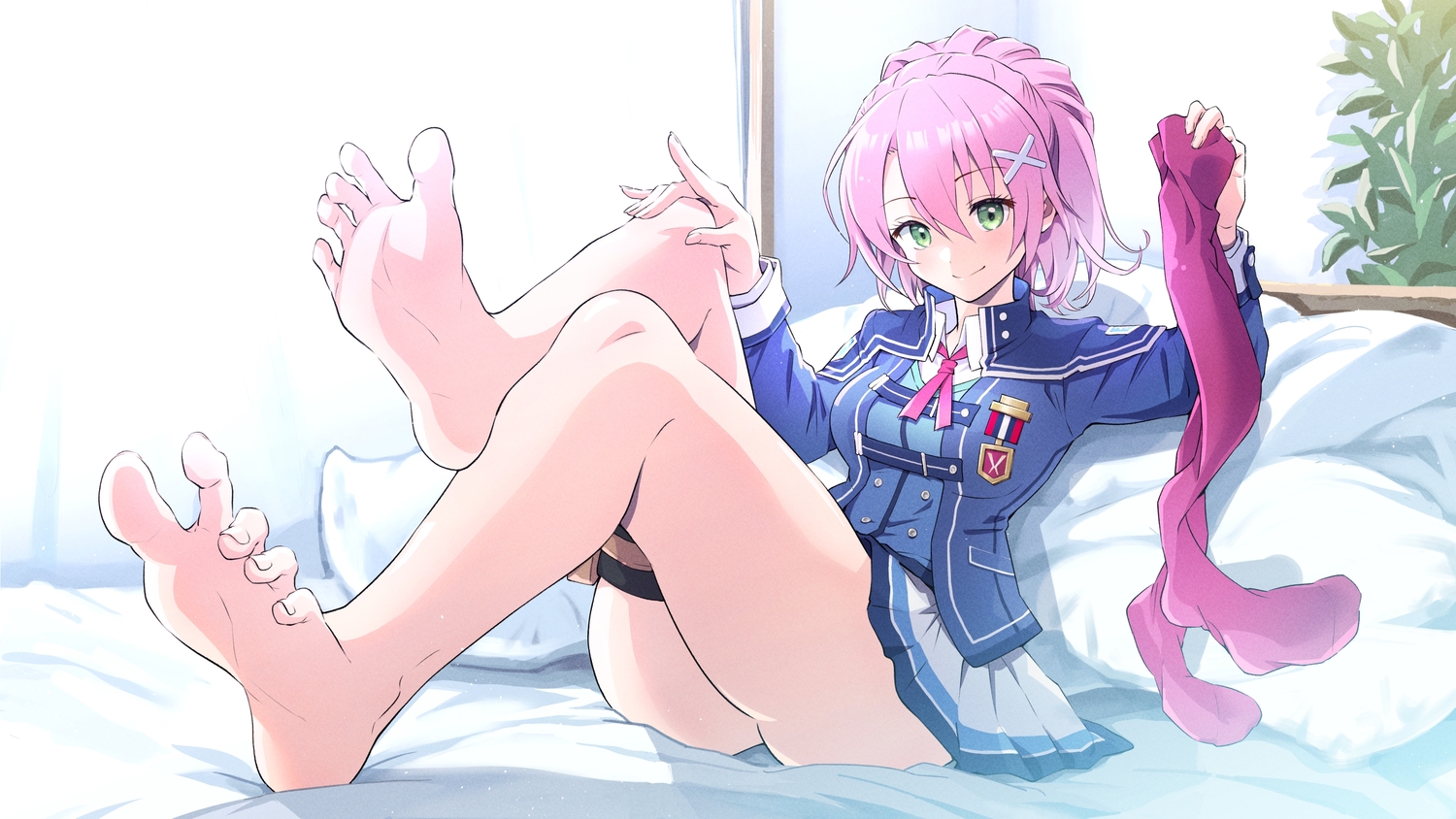 ass, barefoot, bed, eiyuu_densetsu, garter, green_eyes, honshiro_nikori, juna_crawford, pink_hair, school_uniform, sen_no_kiseki, sen_no_kiseki_3, skirt