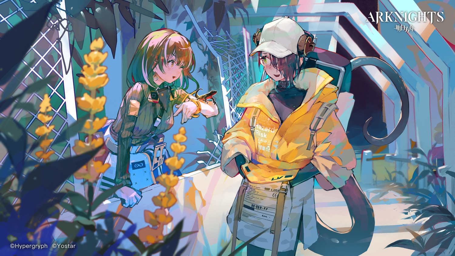 2girls, aamond, arknights, asbestos_(arknights), brown_hair, eyepatch, gloves, headphones, logo, long_hair, magallan_(arknights), purple_hair, short_hair, tail, yellow_eyes