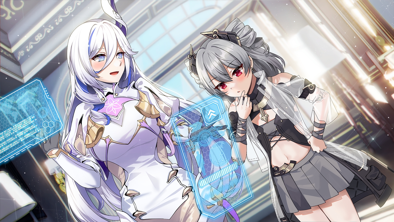2girls, blue_eyes, blush, computer, dress, flat_chest, gijang, gloves, gray_hair, hare_(honkai_impact), honkai_impact, honkai_(series), long_hair, navel, prometheus_(honkai_impact), red_eyes, see_through, skirt, twintails, white_hair, wristwear