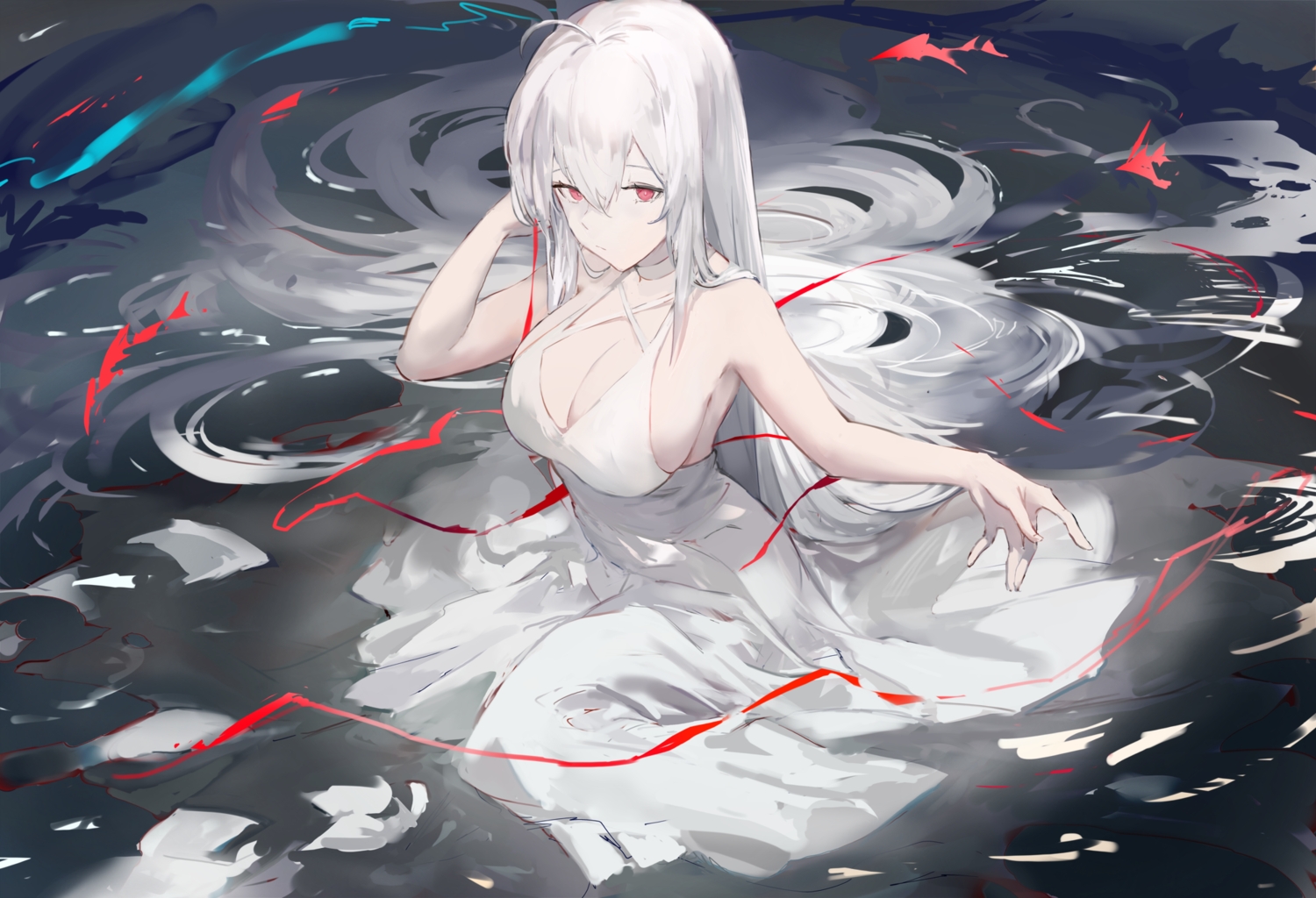 arknights, breasts, cleavage, dress, gnai, long_hair, no_bra, polychromatic, red_eyes, skadi_(arknights), water, white_hair