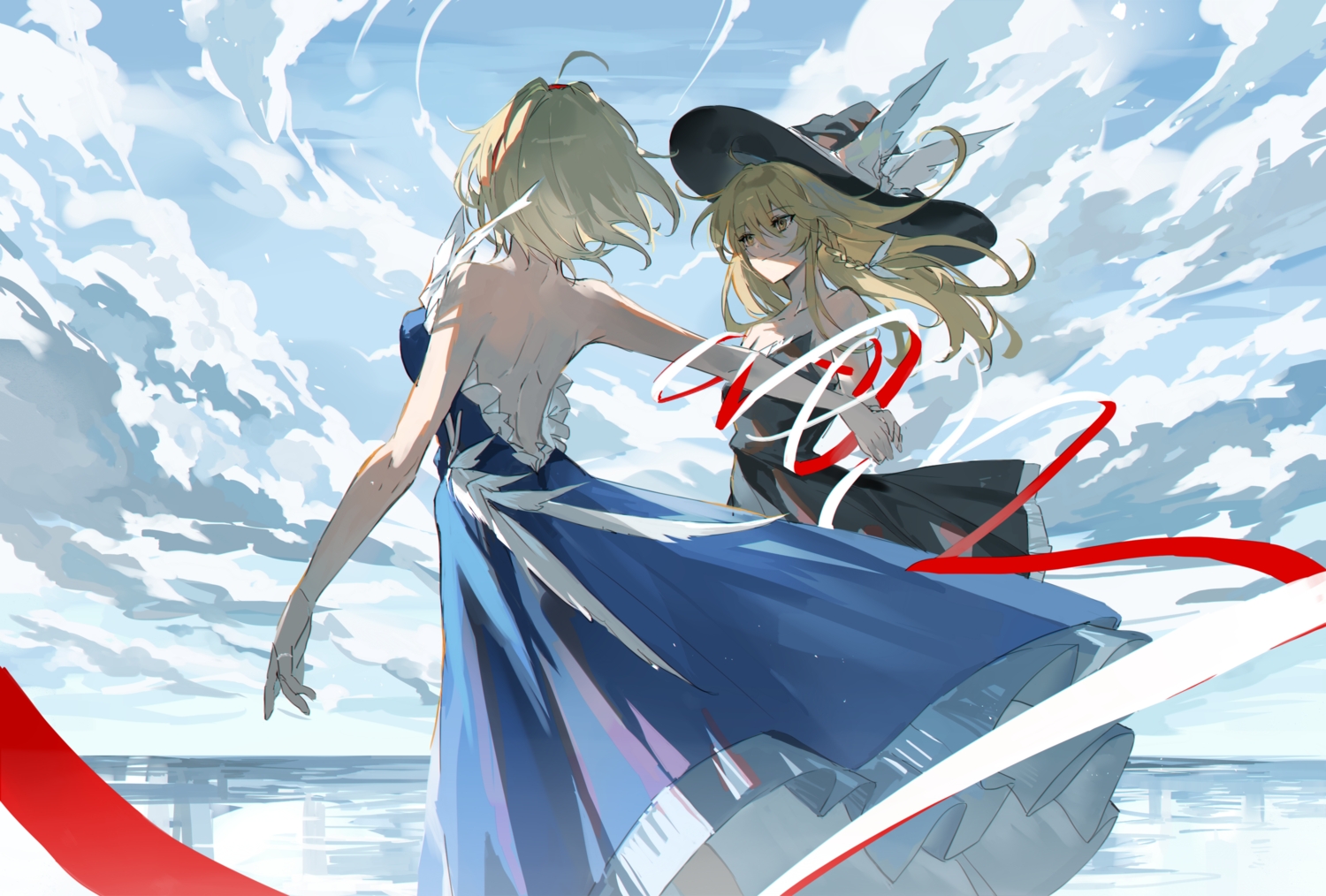 2girls, alice_margatroid, blonde_hair, braids, clouds, dress, hat, headband