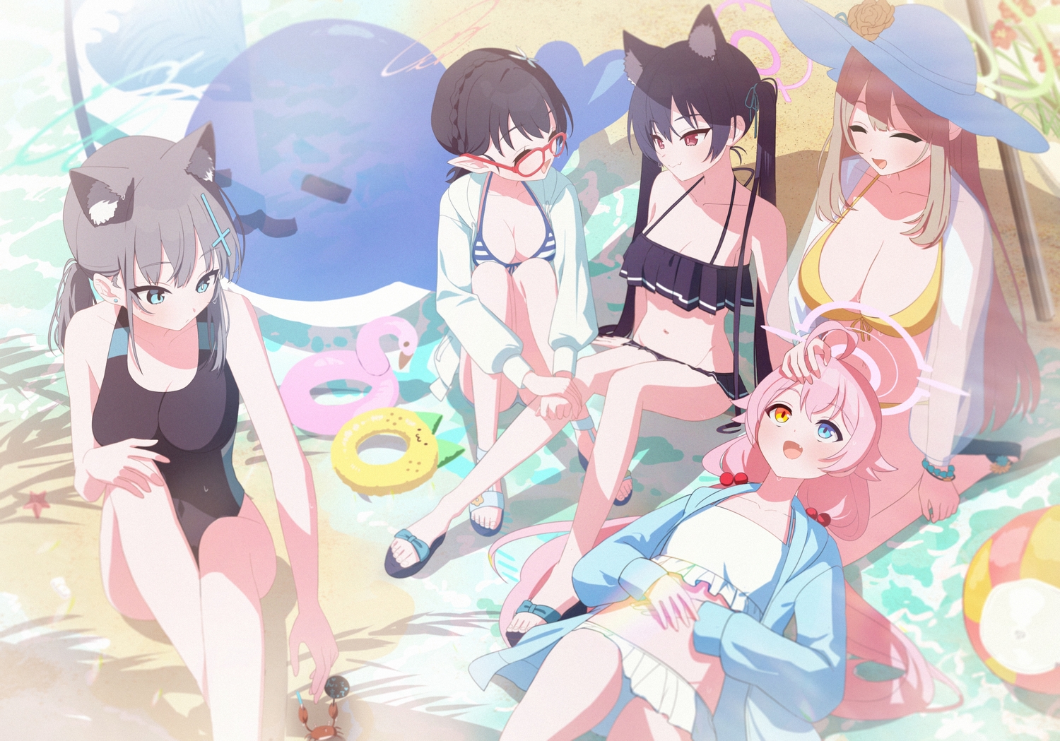 animal, animal_ears, aqua_eyes, ball, beach, bicolored_eyes, bikini, black_hair