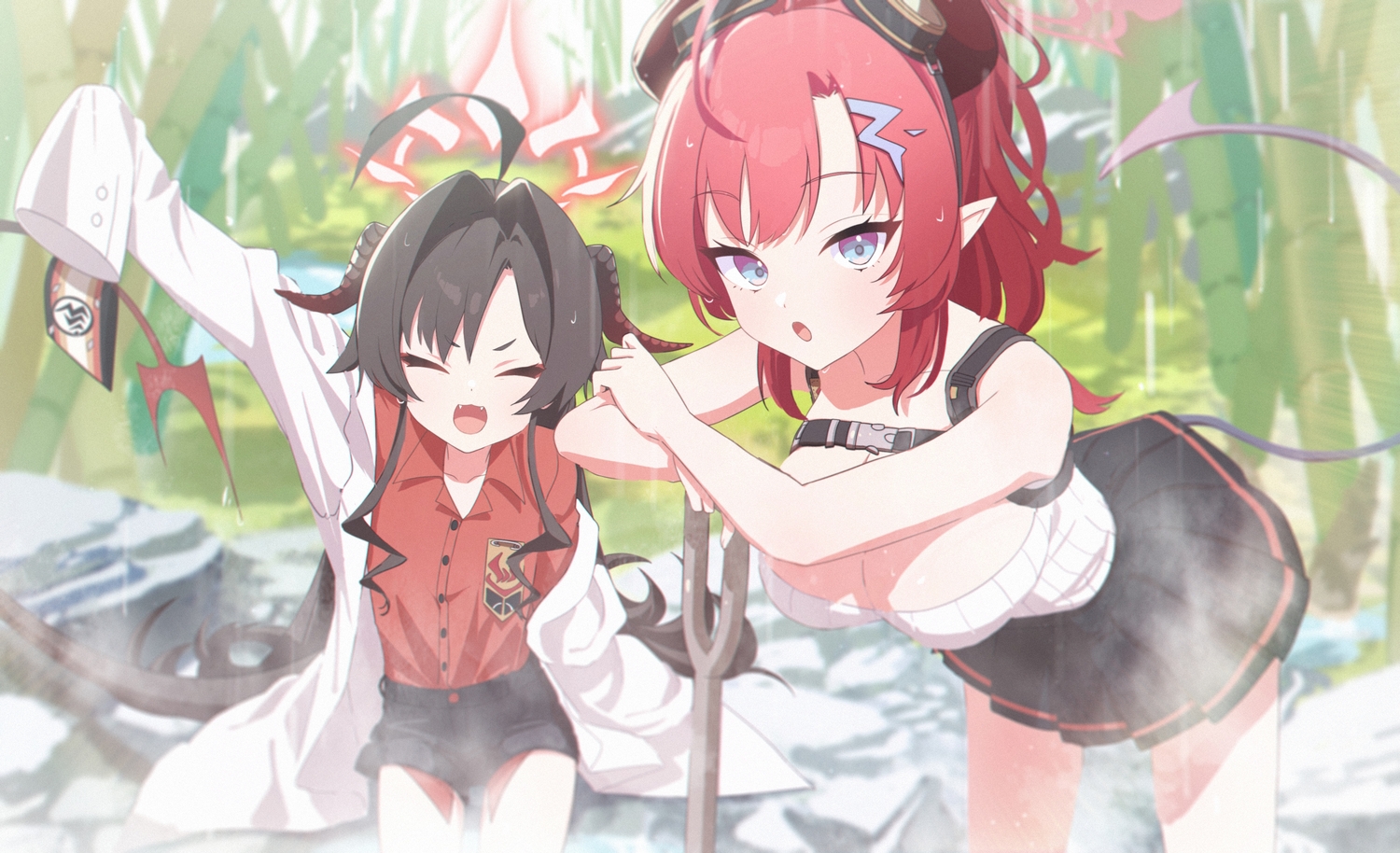 2girls, black_hair, blue_archive, blue_eyes, breasts, cat_smile, cleavage, demon, fang, goggles, halo, horns, kaerunrun, kinugawa_kasumi, loli, long_hair, onsen, pointed_ears, red_hair, shimokura_megu, shirt, shorts, skirt, tail