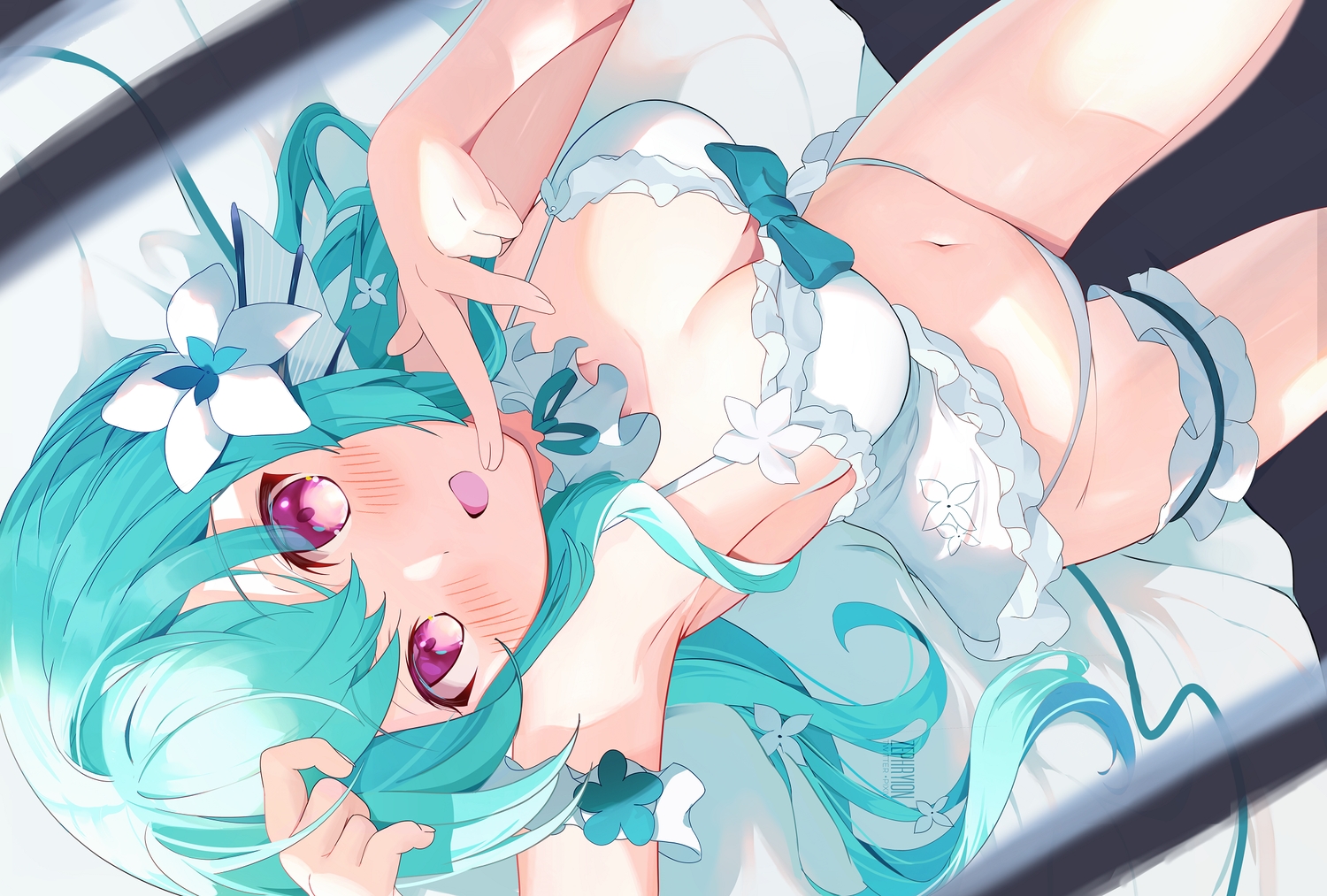 animal_ears, aqua_hair, blush, breasts, cleavage, finana_ryugu, garter, long_hair, nijisanji, panties, purple_eyes, underwear, watermark, zephryion