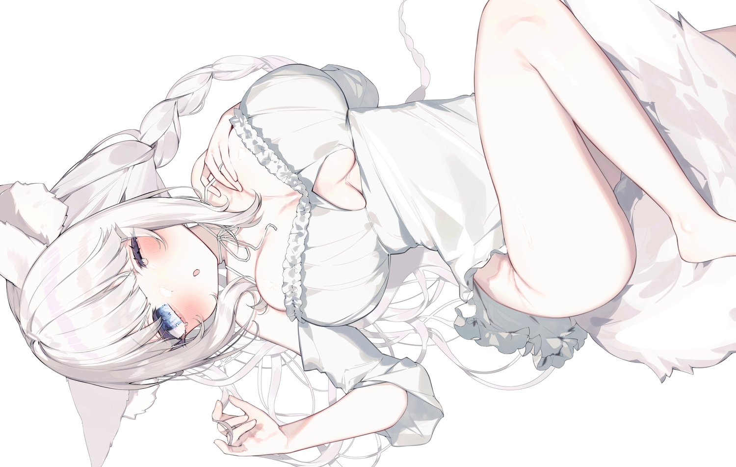 animal_ears, barefoot, blue_eyes, blush, braids, breast_hold, breasts, dress