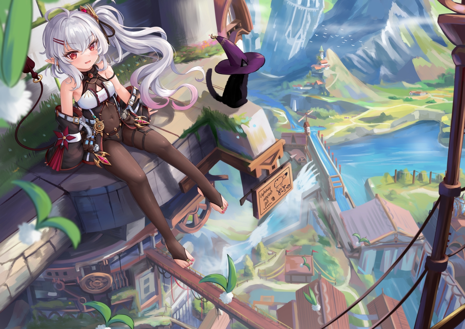 animal, barefoot, blush, building, cat, cat_smile, demon, fang, gray_hair, hat, landscape, leotard, long_hair, original, pantyhose, pointed_ears, ponytail, red_eyes, scenic, sechka, succubus, water, waterfall, witch_hat