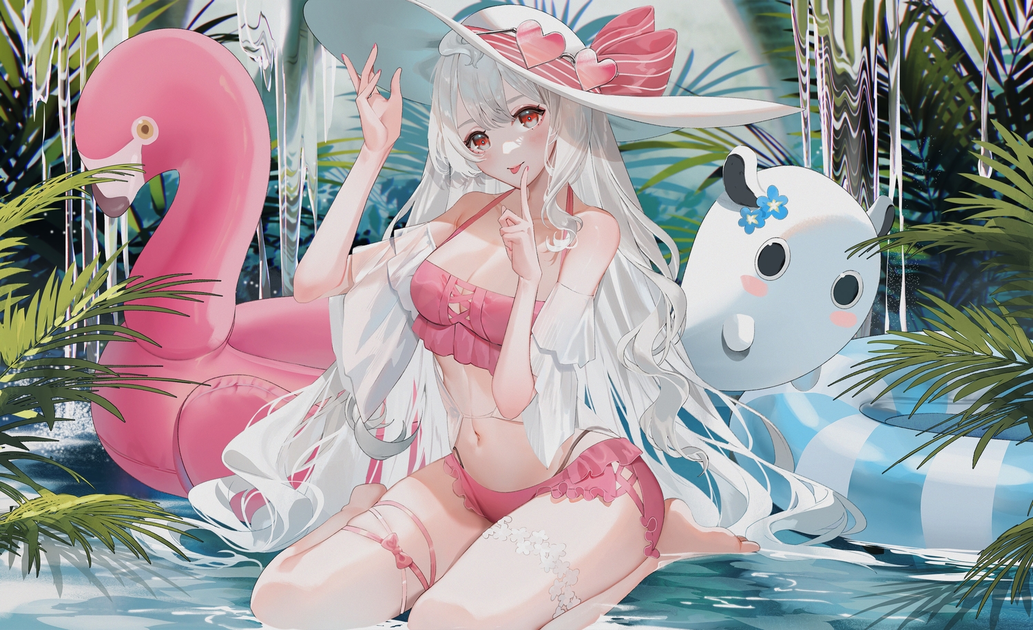 barefoot, bikini, blush, breasts, cleavage, garter, gray_hair, hat, leaves, long_hair, nijisanji, red_eyes, reimu_endou, shei99, sunglasses, swim_ring, swimsuit, water, waterfall