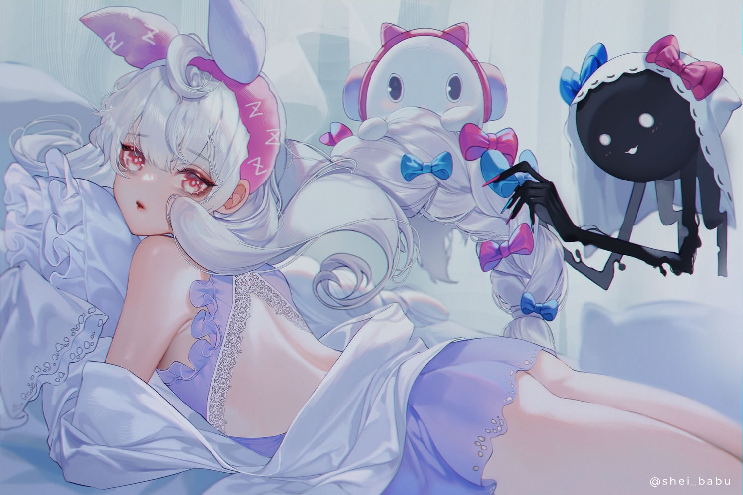 ass, bed, bow, braids, gray_hair, headband, headphones, long_hair