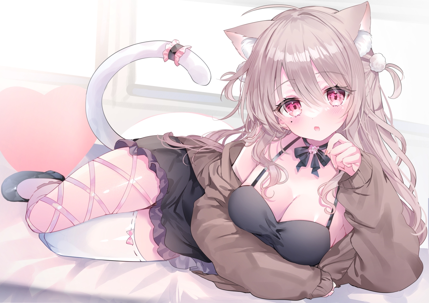 animal_ears, bell, blush, bow, breasts, brown_hair, catgirl, choker, cleavage, dress, garter, kabashima_hana, long_hair, pink_eyes, ribbons, tail, thighhighs