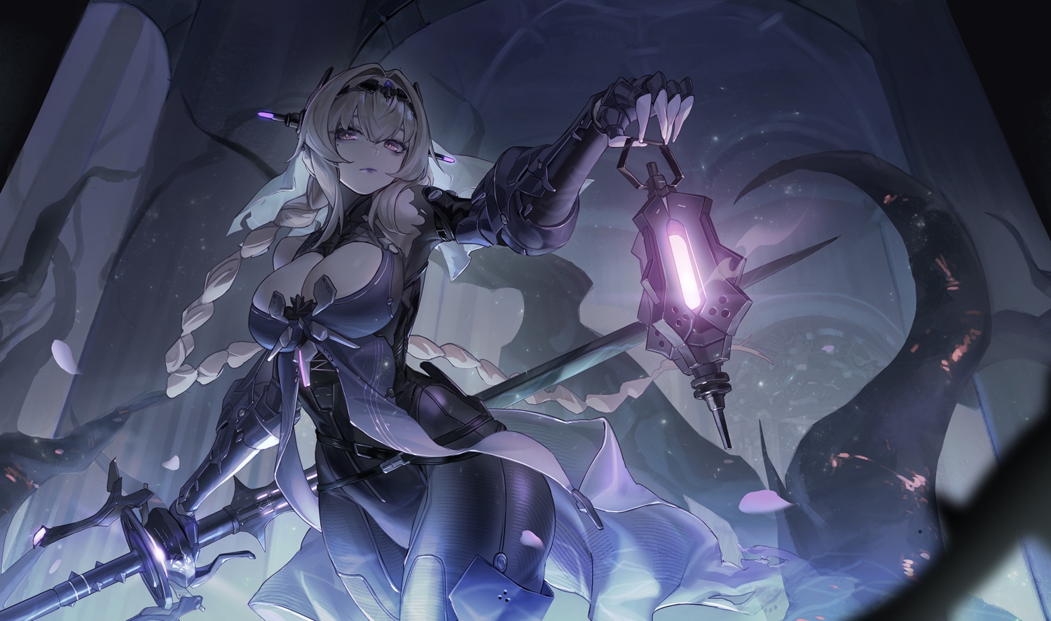 aliasing, armor, bianca_(pgr), bodysuit, braids, breasts, cleavage, cropped, gray_hair, headdress, long_hair, magic, punishing:_gray_raven, purple_eyes, r1zen, weapon