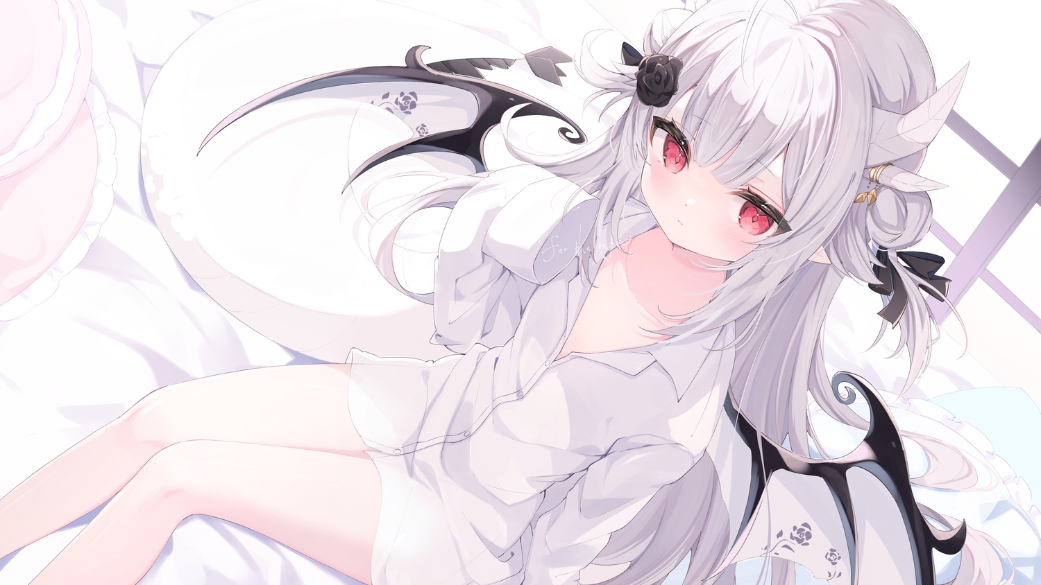 bed, blush, gray_hair, horns, kamuri_amuru, loli, long_hair, okomeillust, red_eyes, shirt, signed, wings