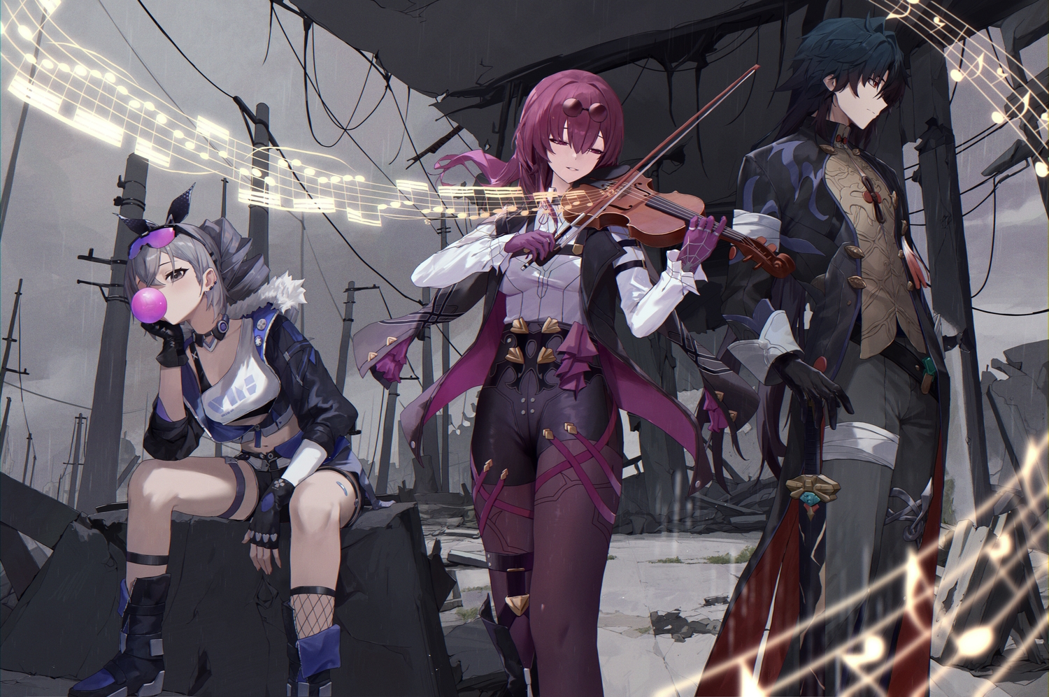 bandage, bandaid, black_hair, blade_(honkai:_star_rail), boots, candy, choker, clouds