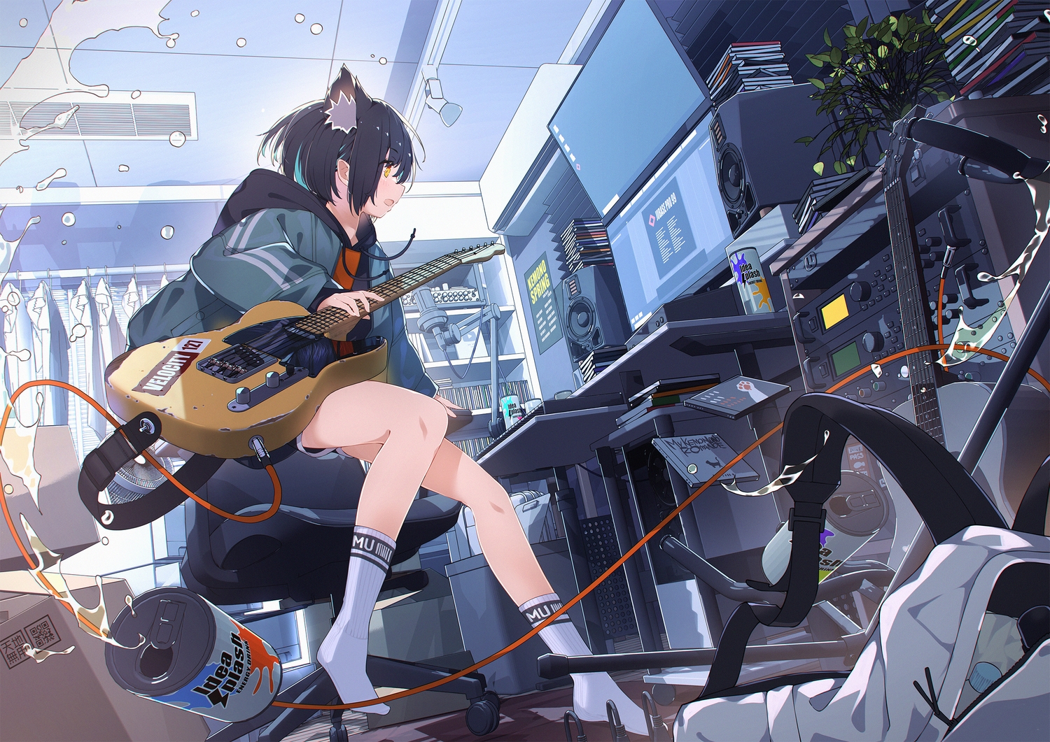 animal_ears, black_hair, blush, computer, drink, guitar, hoji_(hooooooooji1029), hood