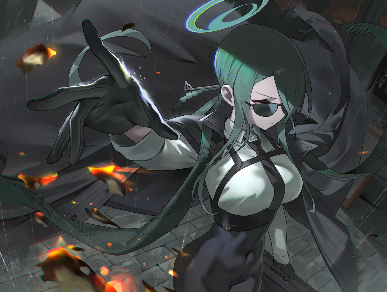blue_archive, bodysuit, cape, fire, gloves, green_hair, halo, hood_(james_x)