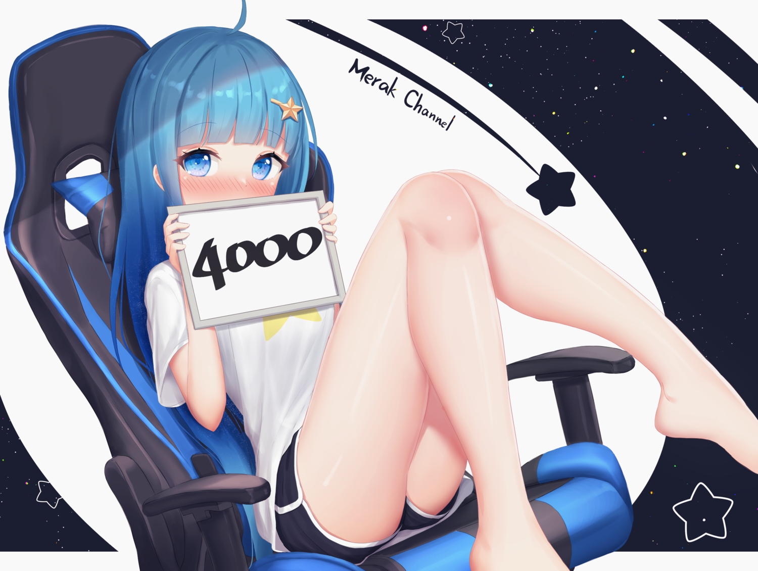 barefoot, blue_eyes, blue_hair, blush, indie_virtual_youtuber, long_hair, merak_(vtuber), shorts