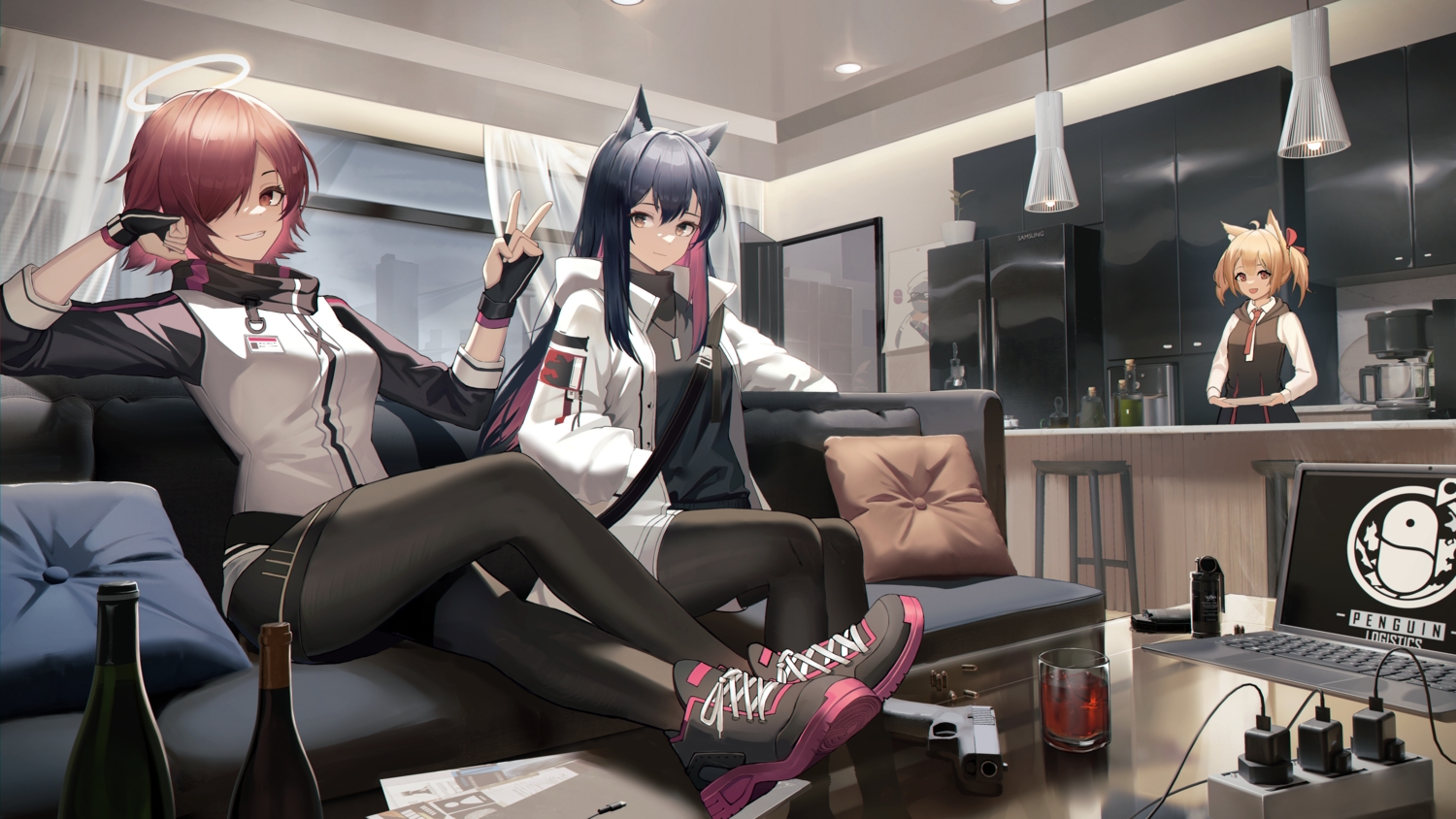 3d, animal_ears, arknights, black_hair, blonde_hair, brown_eyes, computer, couch