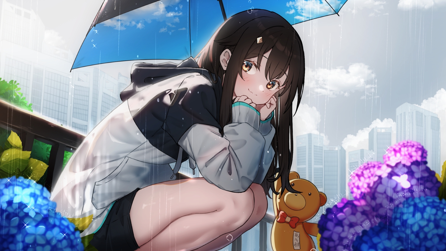 blush, brown_eyes, brown_hair, building, city, clouds, dongchuan, flowers, hololive, hood, long_hair, rain, shorts, sky, teddy_bear, tokino_sora, umbrella, water