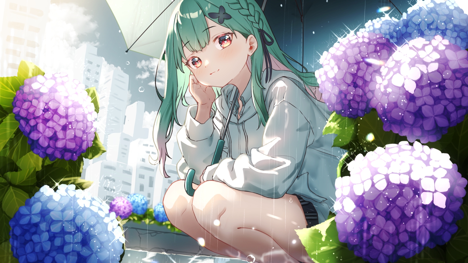 blush, braids, building, city, clouds, dongchuan, flowers, green_hair