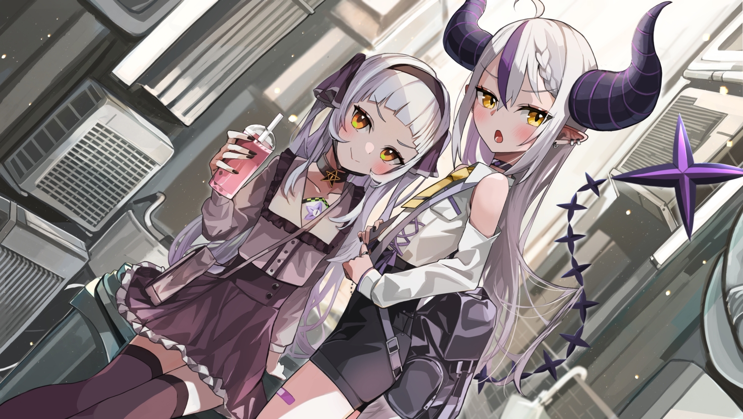 2girls, bandaid, blush, braids, choker, demon, drink, flat_chest, gray_hair, headband, hololive, horns, iwahada, la+_darkness, long_hair, murasaki_shion, orange_eyes, pointed_ears, shirt, shorts, skirt, tail, thighhighs, tie, yellow_eyes, zettai_ryouiki