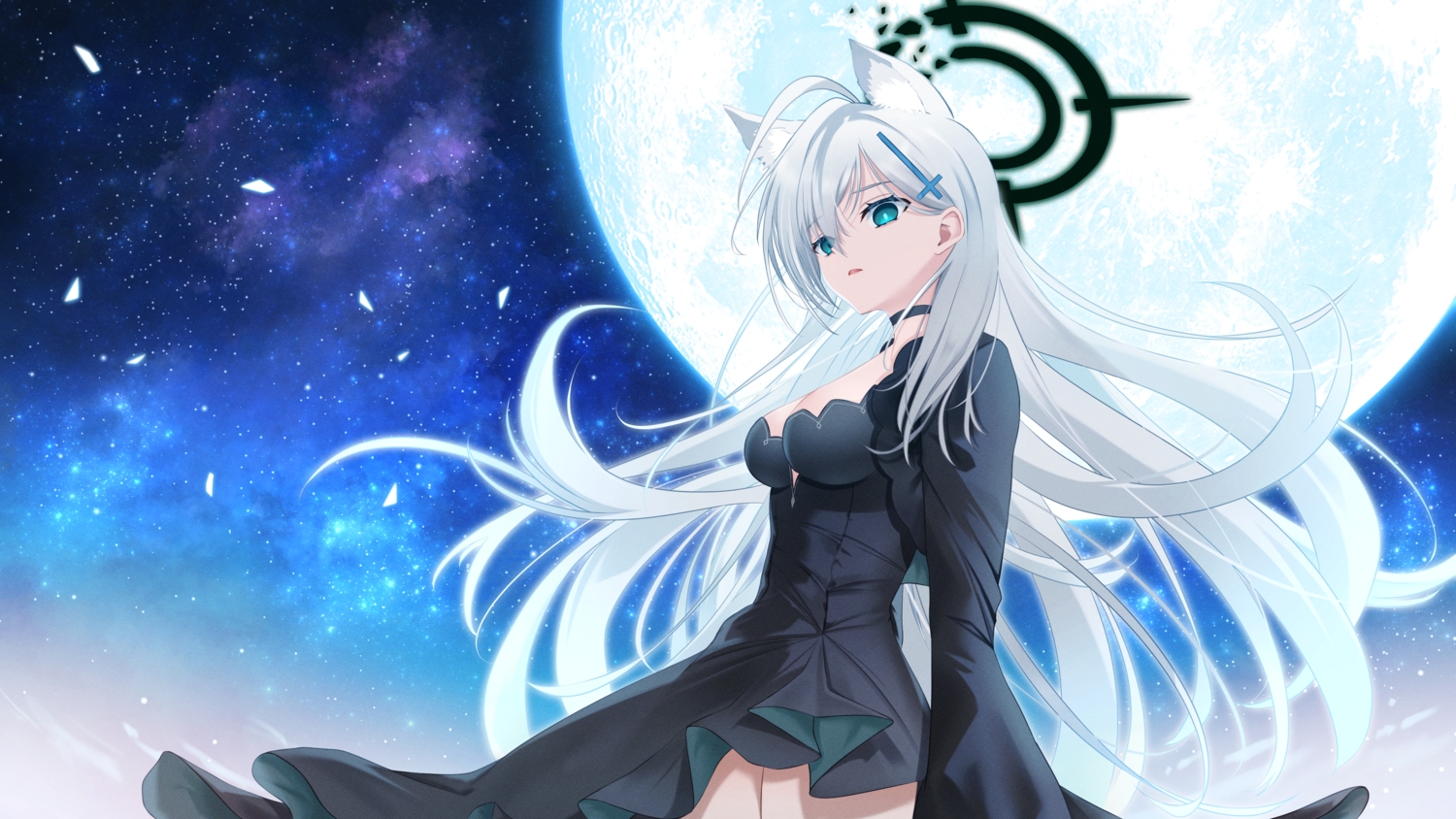 animal_ears, aqua_eyes, blue_archive, breasts, choker, cleavage, cross, dress, gray_hair, long_hair, mn_(tk-xyz), moon, night, shiroko_(terror)_(blue_archive), sky, stars, sunaookami_shiroko, wolfgirl