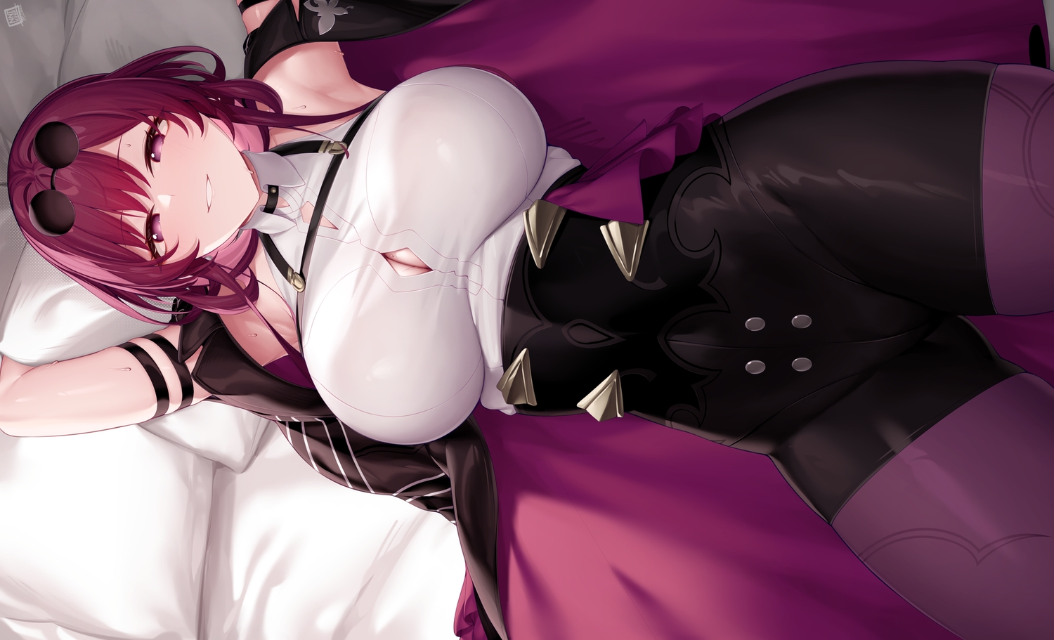 bed, breasts, cleavage, honkai_(series), honkai:_star_rail, izulizuru, kafka_(honkai:_star_rail), pantyhose, purple_eyes, purple_hair, shorts, signed, skintight, sunglasses