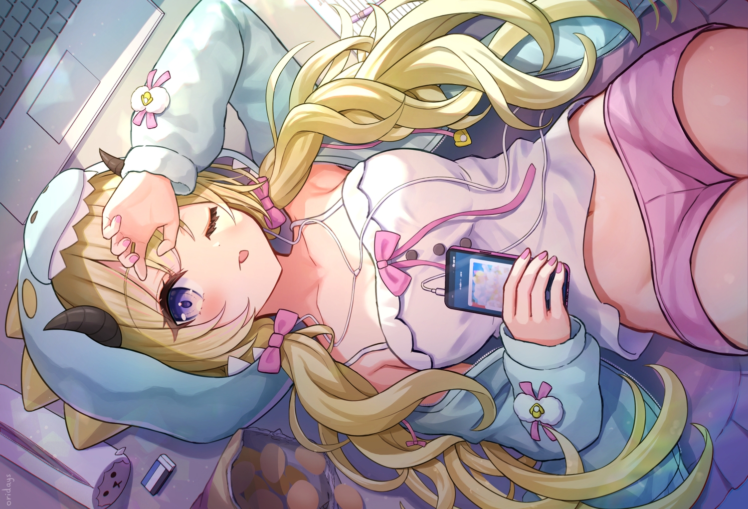 blonde_hair, blush, bow, computer, cropped, food, hololive, hood