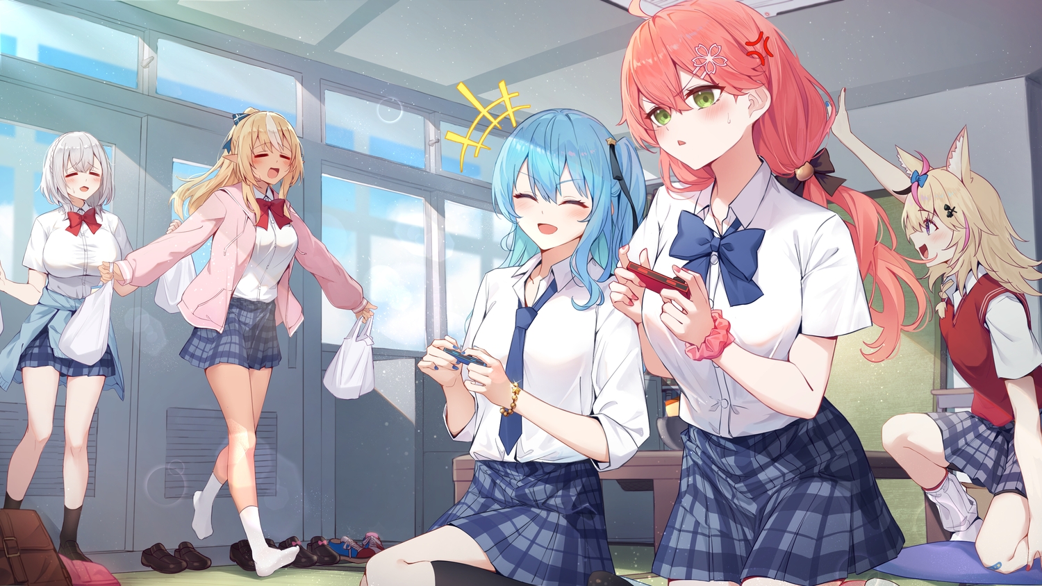 animal_ears, aqua_hair, bandaid, blonde_hair, blush, bow, braids, dark_skin