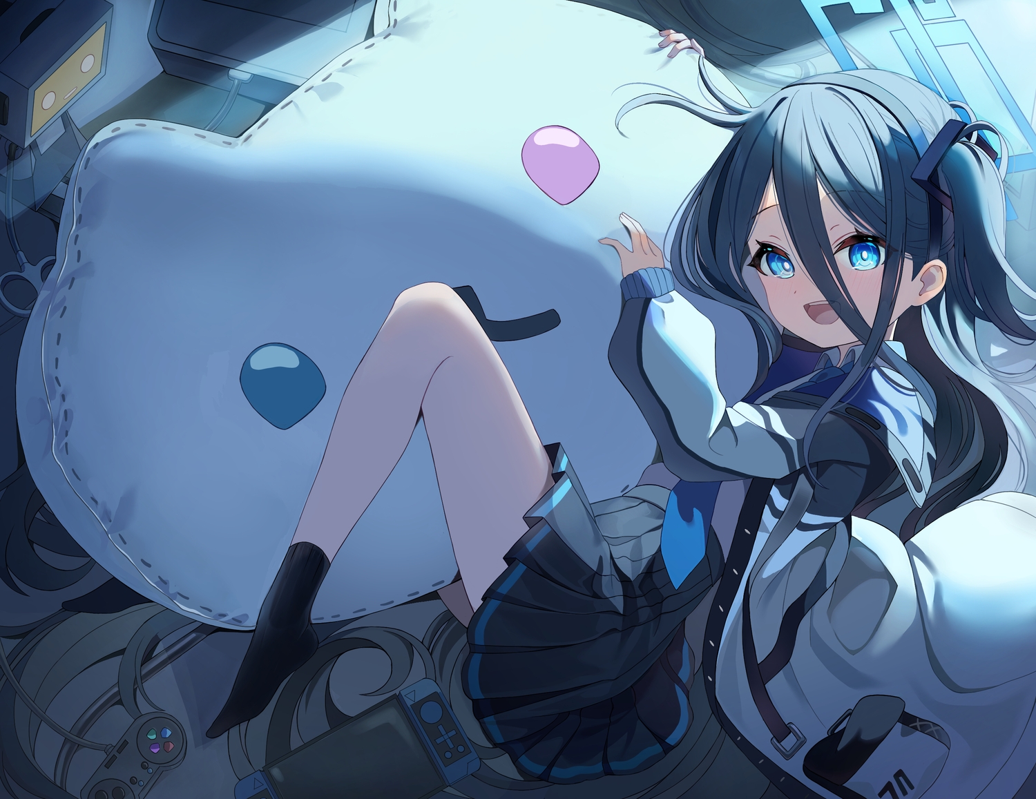 aqua_eyes, black_hair, blue_archive, blush, game_console, headband, kinyouny, loli, long_hair, ponytail, school_uniform, skirt, socks, tendou_arisu_(blue_archive), tie