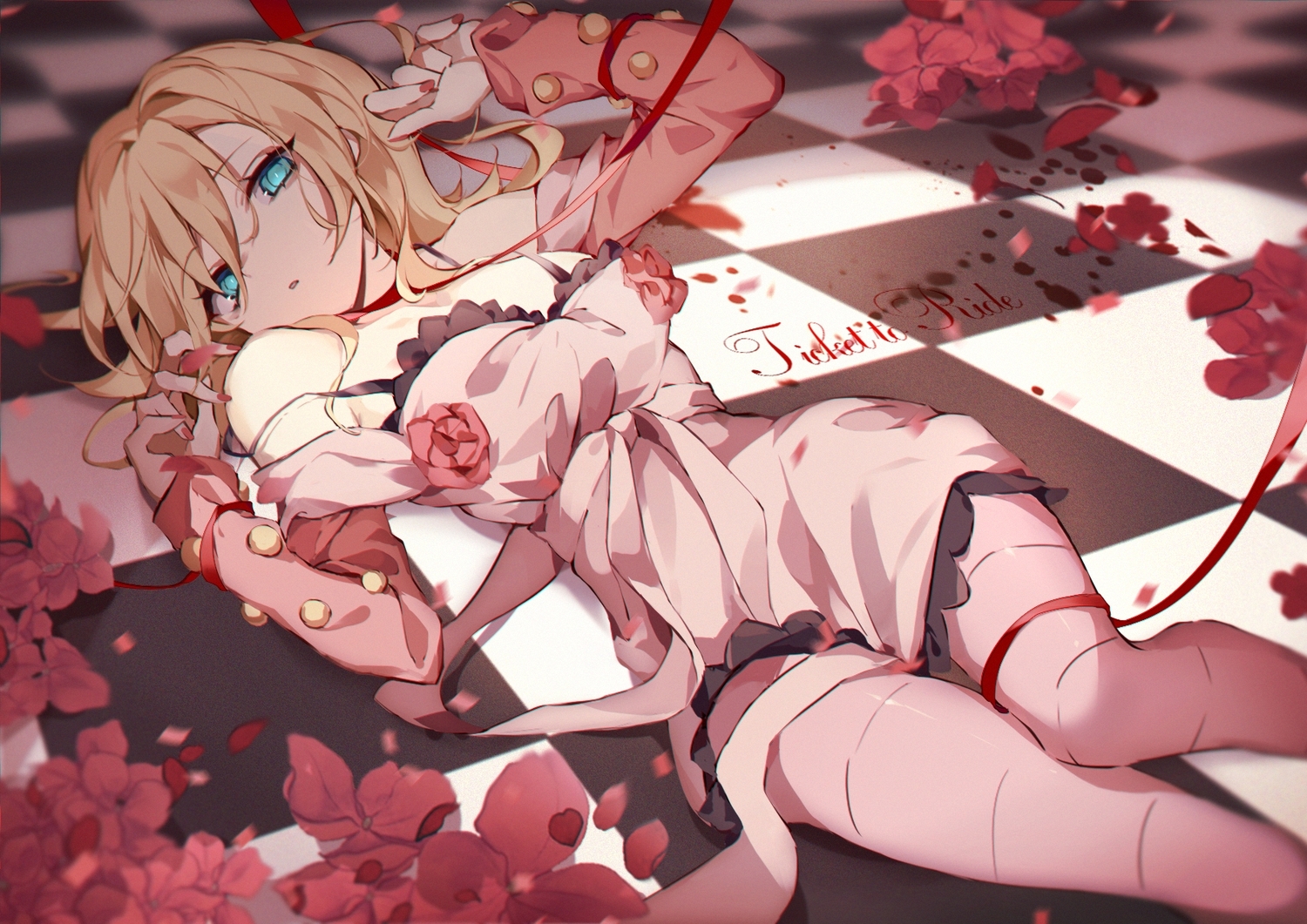 aqua_eyes, blonde_hair, bow, dress, flowers, jojo_no_kimyou_na_bouken, lucy_steel, petals, ribbons, sen_(5710265), short_hair