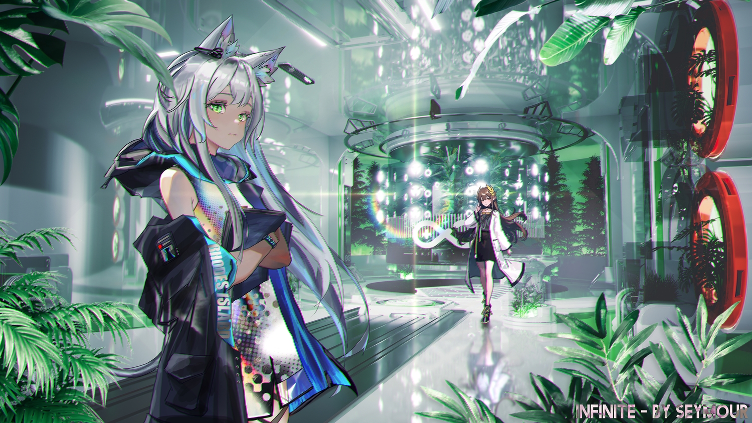 2girls, animal_ears, arknights, book, brown_hair, catgirl, choker, dress