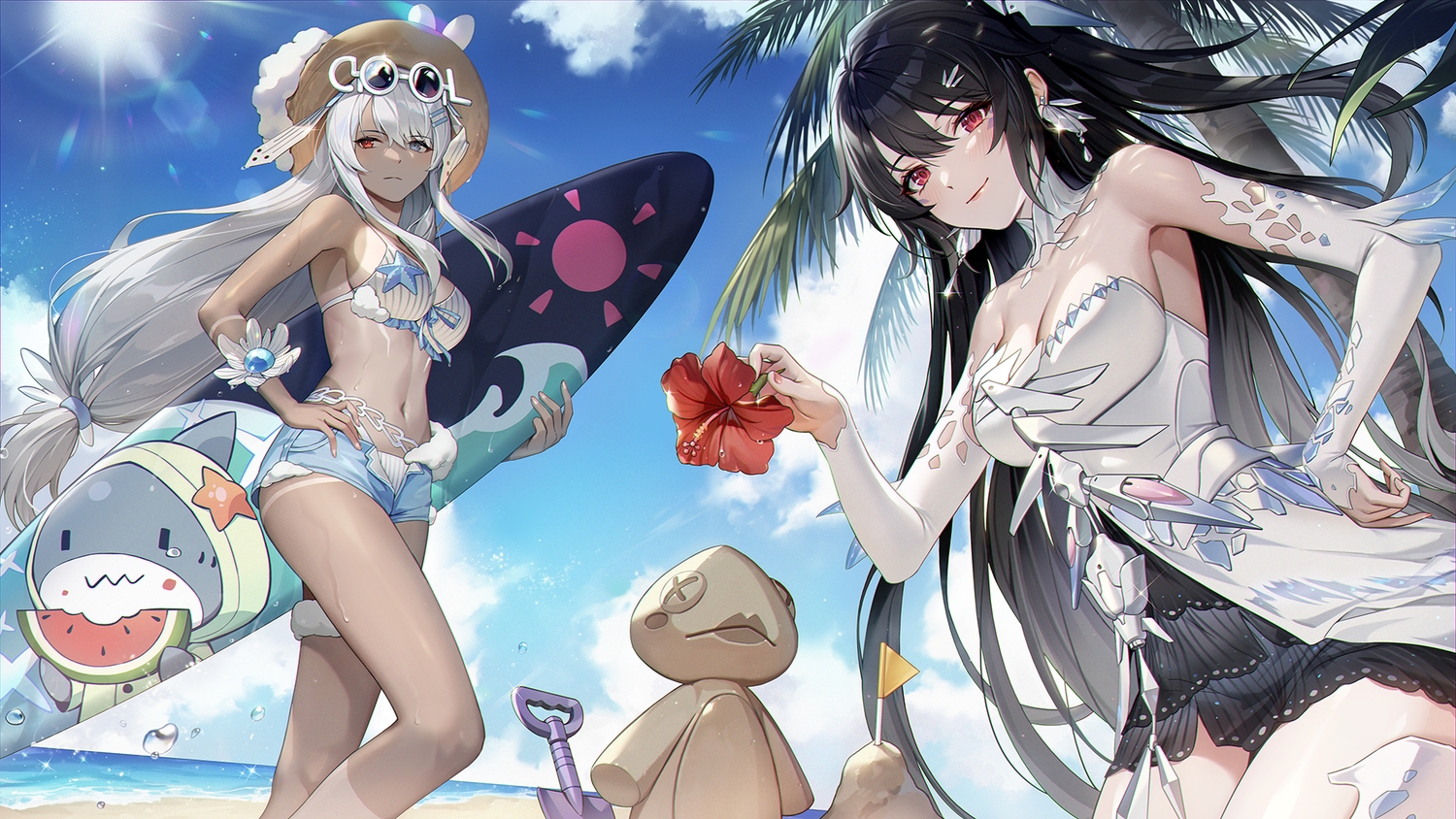2girls, armor, beach, bicolored_eyes, bikini, black_hair, blush, breasts
