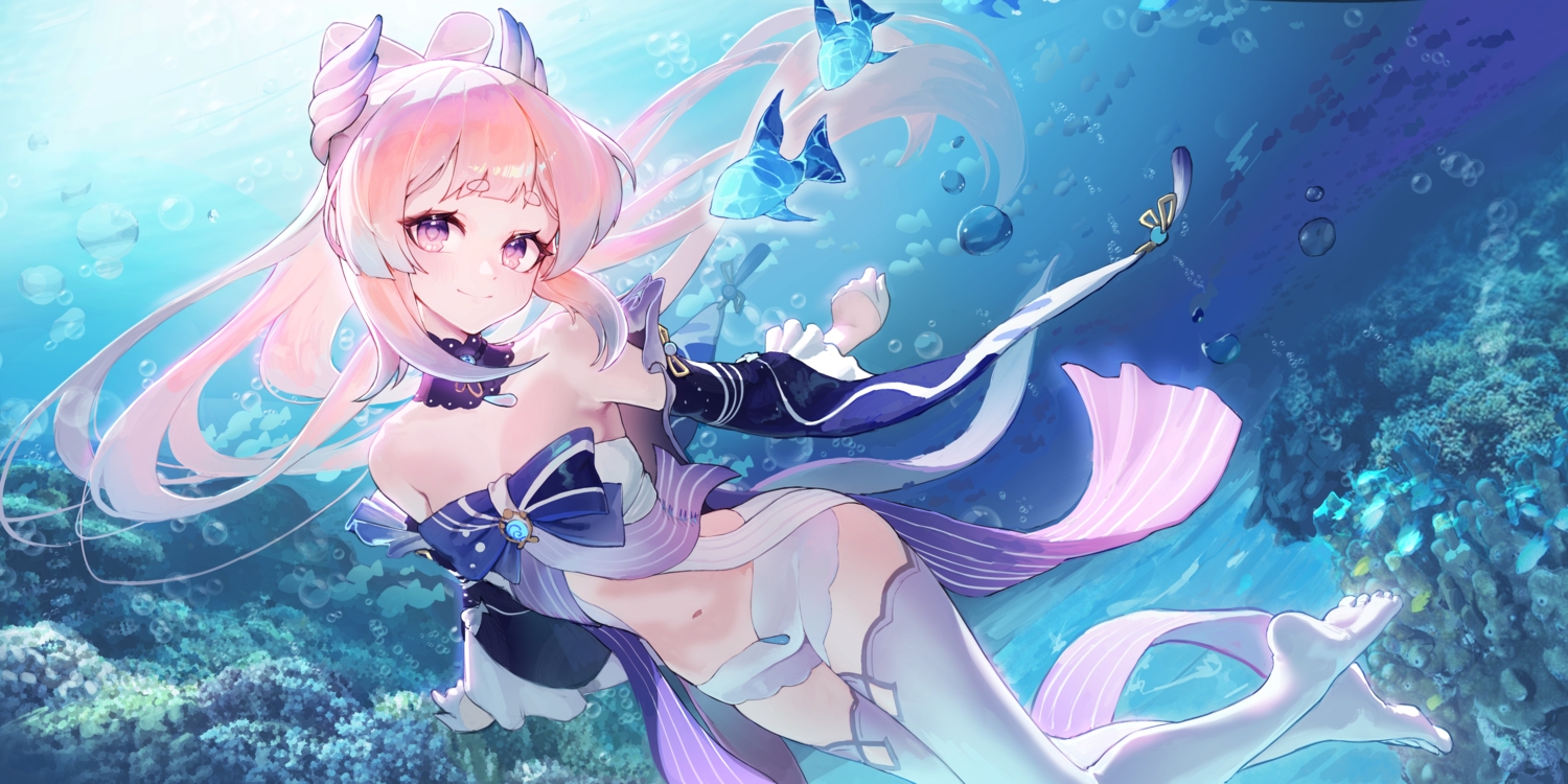 animal, apopo, bow, bubbles, choker, fish, genshin_impact, long_hair, navel, pink_eyes, pink_hair, sangonomiya_kokomi, shorts, thighhighs, underwater, water, zettai_ryouiki