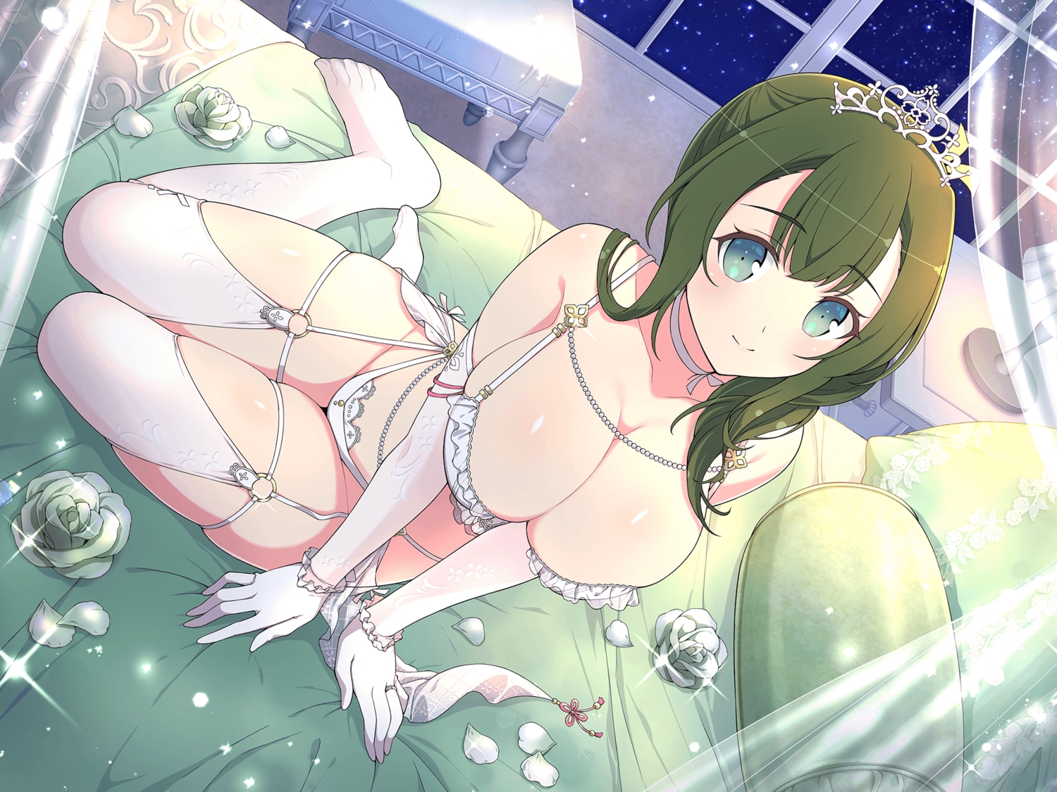 bed, bra, breast_hold, breasts, choker, cleavage, elbow_gloves, flowers, garter_belt, gloves, green_eyes, green_hair, hiyori_(senran_kagura), panties, petals, rose, senran_kagura, stockings, tiara, underwear, yaegashi_nan