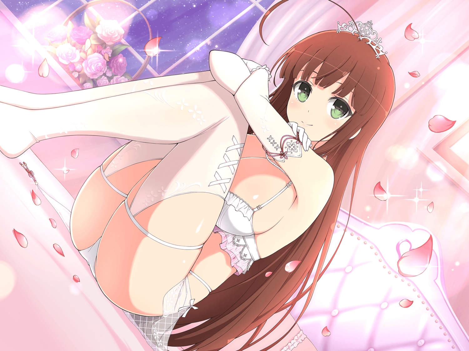bed, bra, breasts, brown_hair, elbow_gloves, flowers, gloves, green_eyes