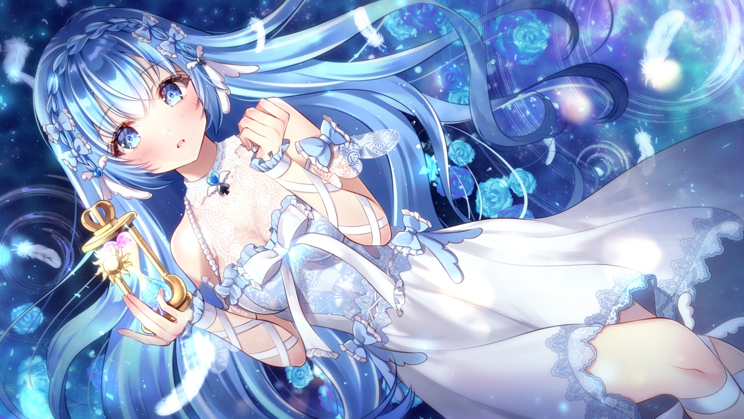 blue_eyes, blue_hair, blush, bow, braids, breasts, cleavage, dress