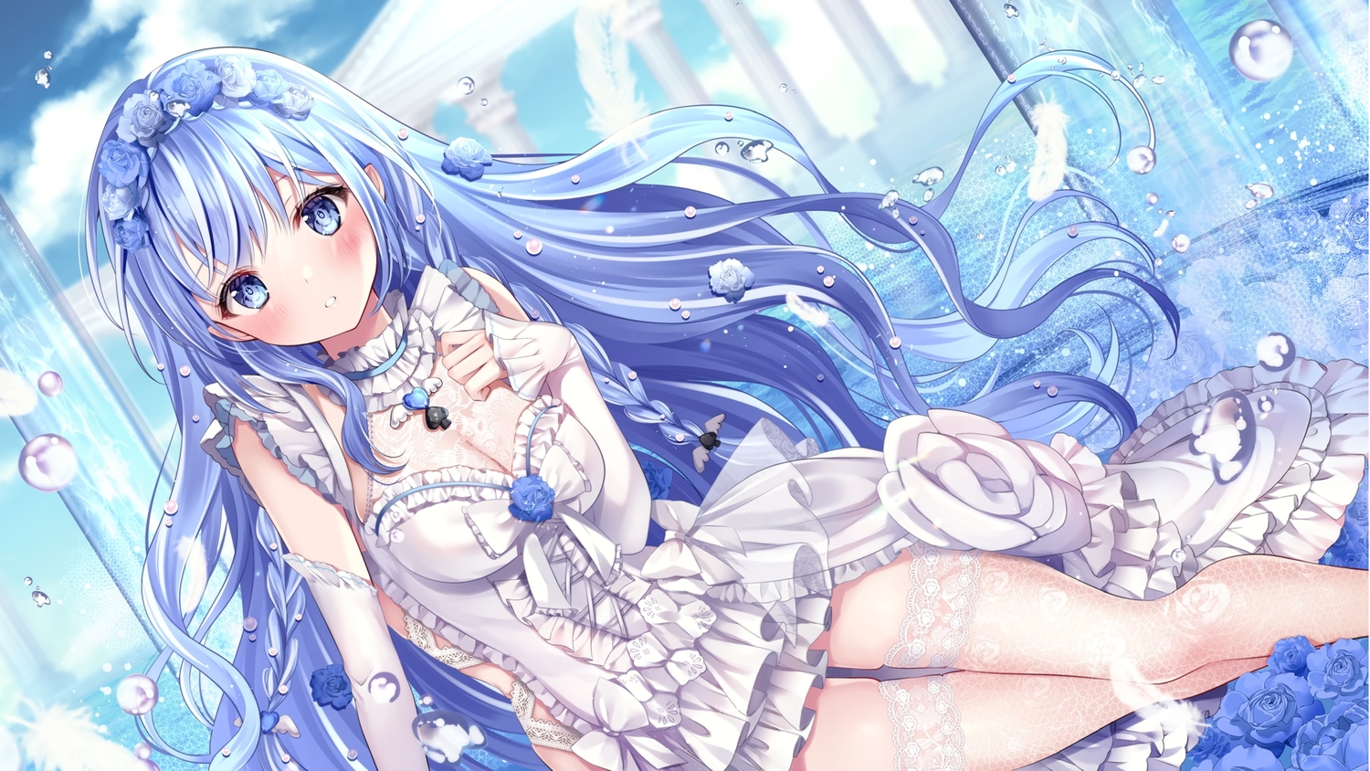blue_eyes, blue_hair, blush, bow, braids, breast_hold, breasts, choker