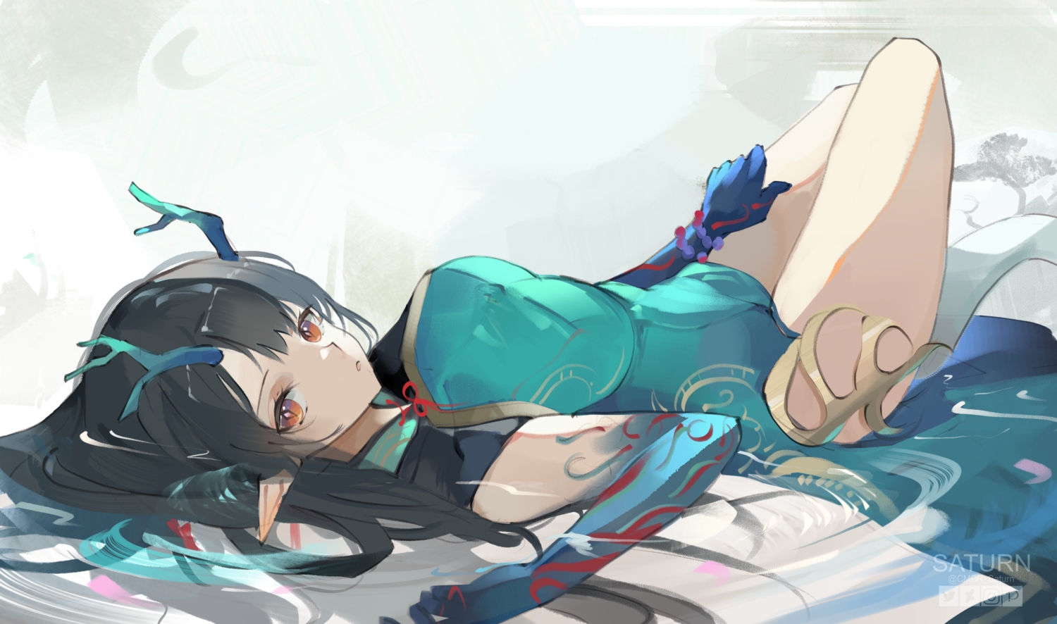 arknights, black_hair, brown_eyes, chinese_clothes, chinese_dress, cmdr_saturn, dress, dusk_(arknights), horns, long_hair, pointed_ears, watermark