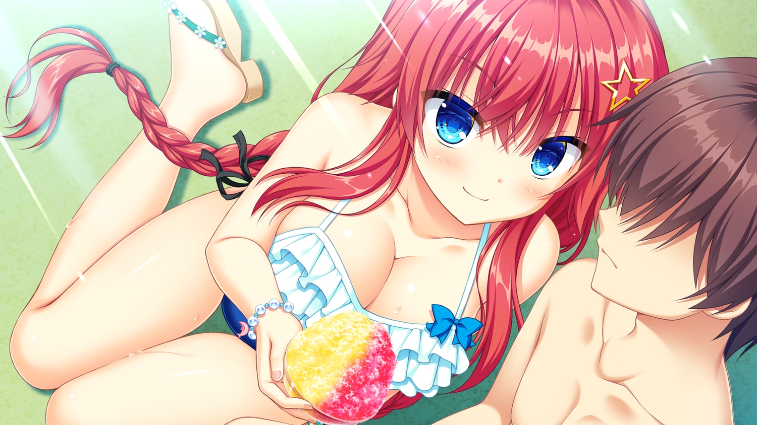 bikini, blue_eyes, breasts, cleavage, food, game_cg, hontani_kanae, ice_cream, kakenuke_seishun_sparking!, kohinata_hibiki, red_hair, saga_planets, swimsuit