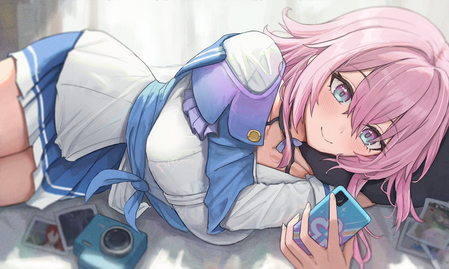 blush, camera, honkai_(series), honkai:_star_rail, icetea774, march_7th_(honkai:_star_rail), phone, pink_hair
