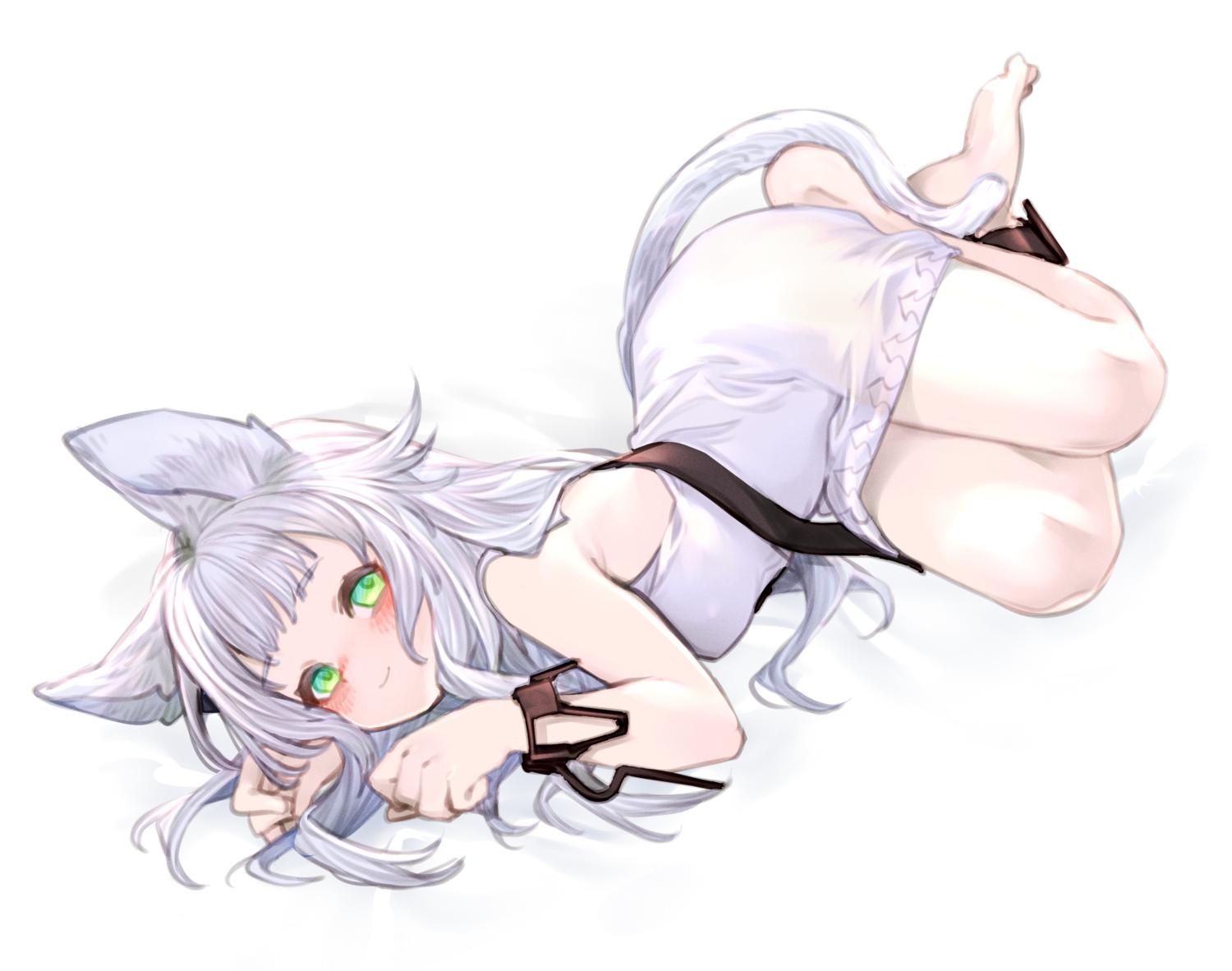 animal_ears, arknights, barefoot, blush, catgirl, dress, gray_hair, green_eyes