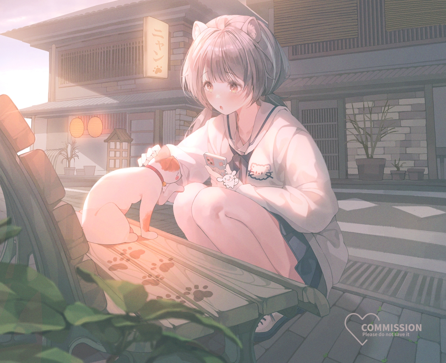 animal, animal_ears, blush, building, cat, catgirl, cinnamoroll, gray_hair