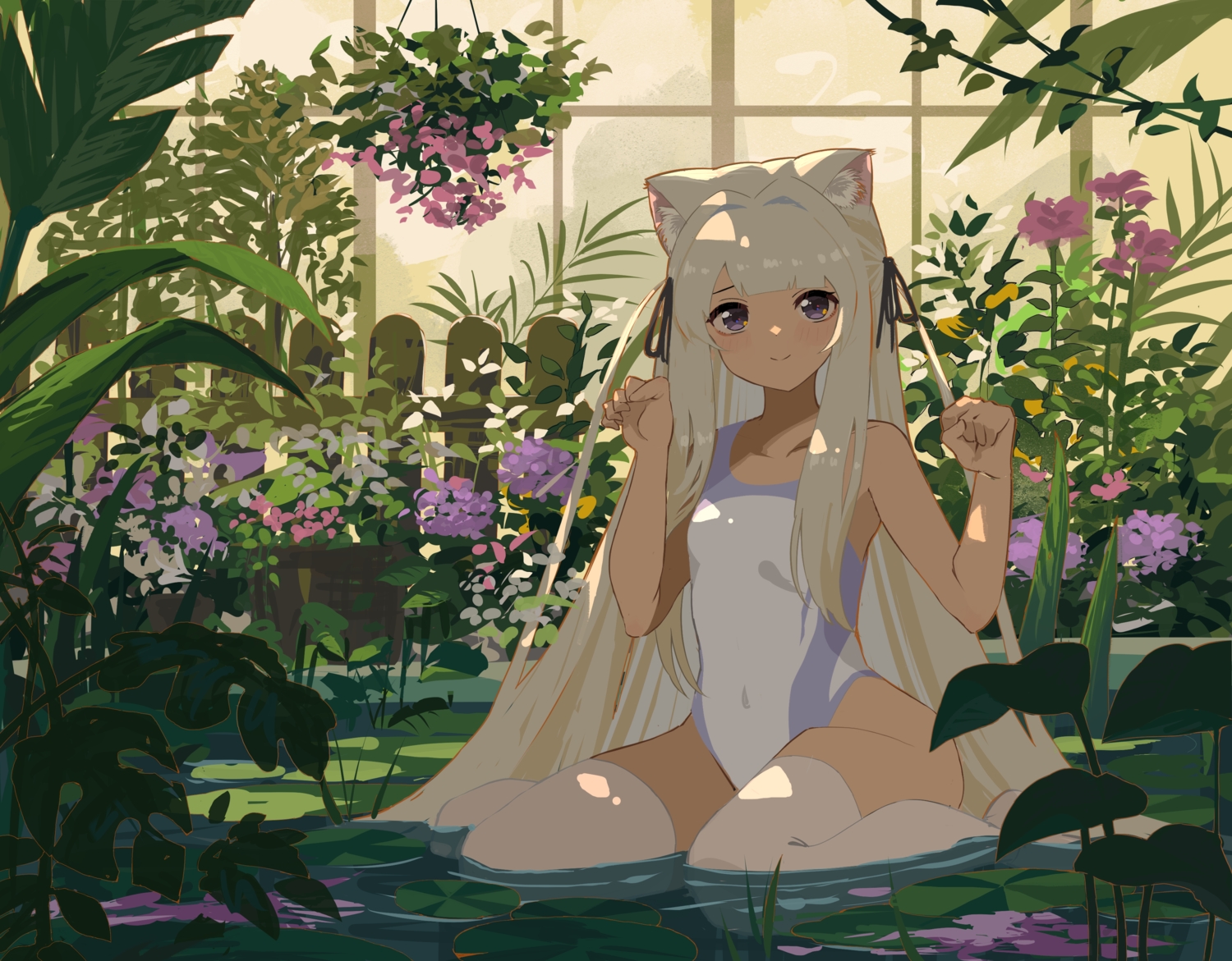 animal_ears, blonde_hair, blush, catgirl, flat_chest, flowers, kgt_(pixiv12957613), leaves