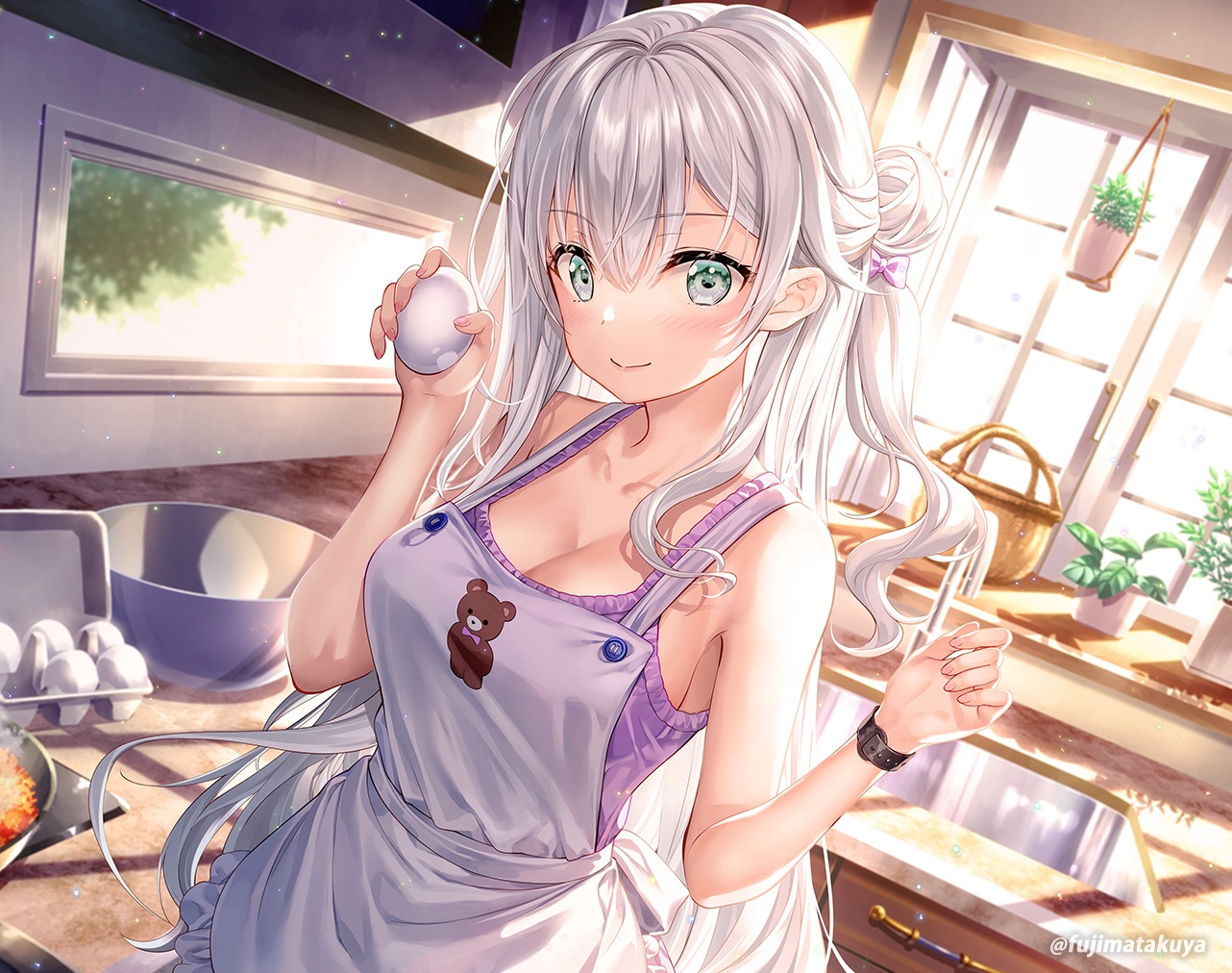 apron, blush, bokura_no_haru_wa_inazuma_no_you_ni, breasts, cleavage, food, fujima_takuya, gray_hair