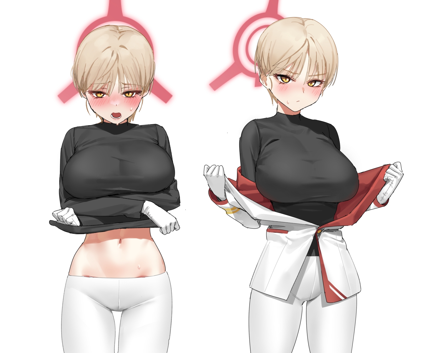 blonde_hair, blue_archive, blush, breast_hold, breasts, gloves, halo, ikekura_marina