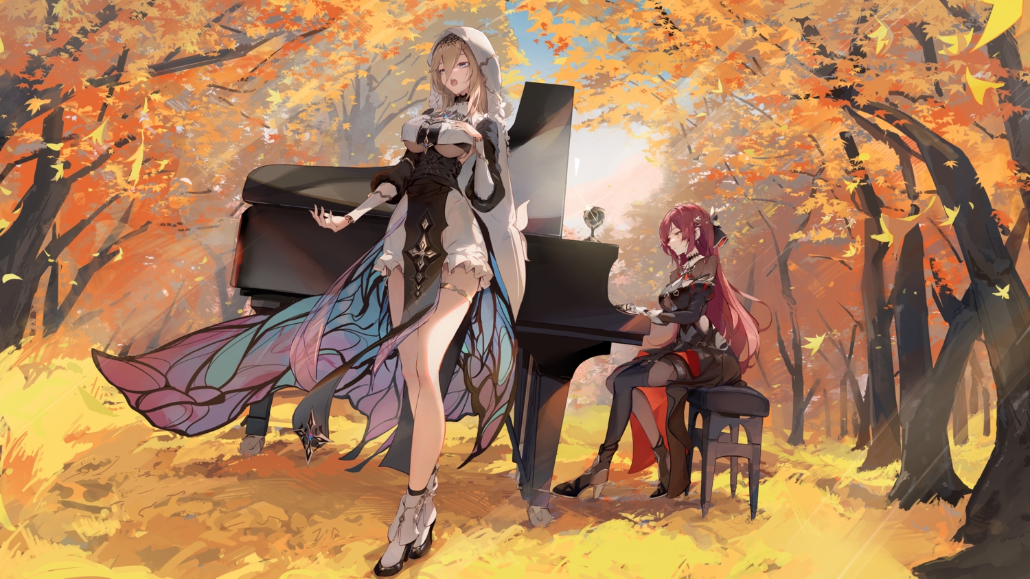 2girls, aponia_(honkai_impact), autumn, blue_eyes, breast_hold, breasts, brown_hair, choker