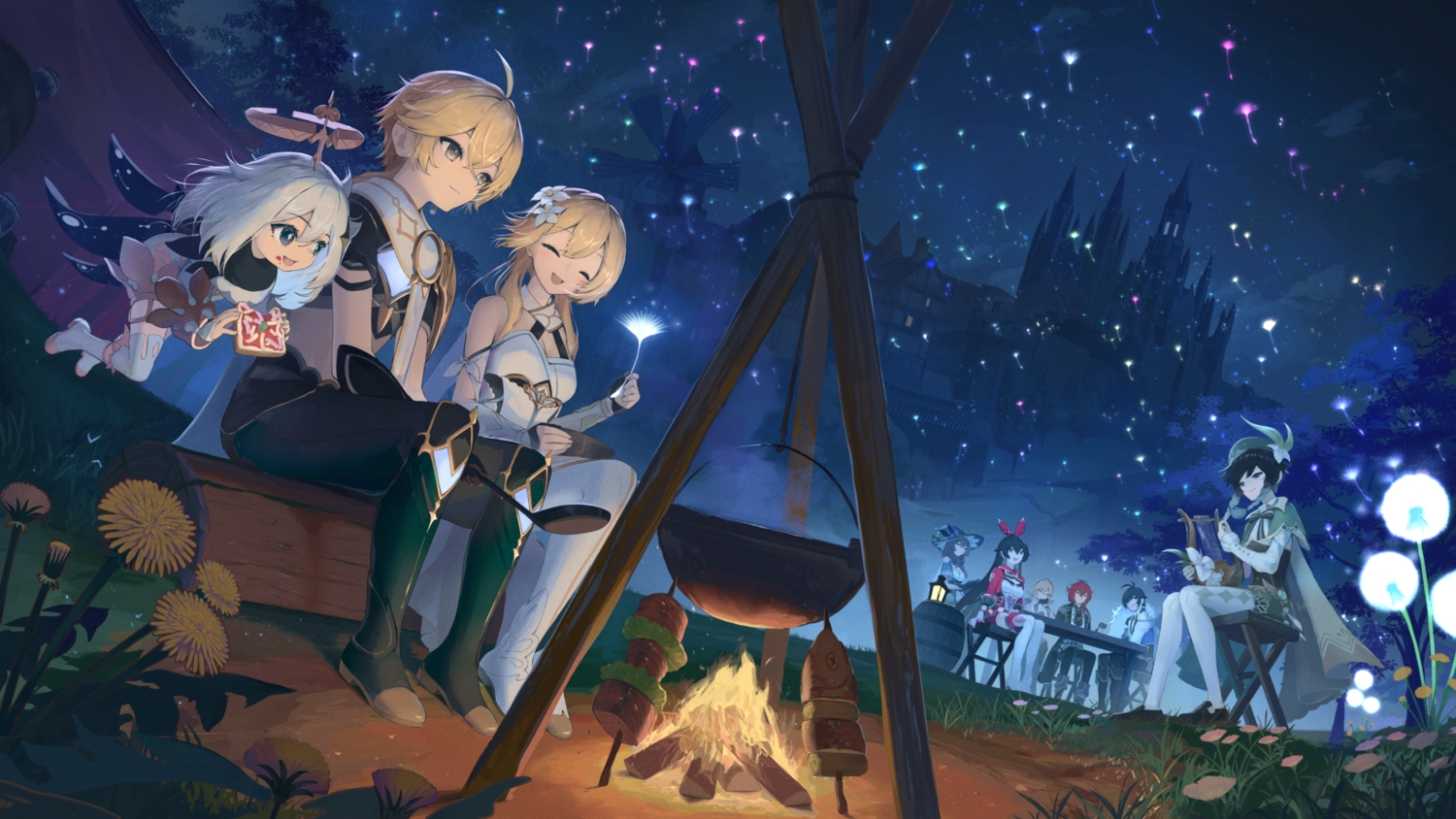 aether_(genshin_impact), amber_(genshin_impact), black_eyes, black_hair, blonde_hair, boots, braids, brown_eyes