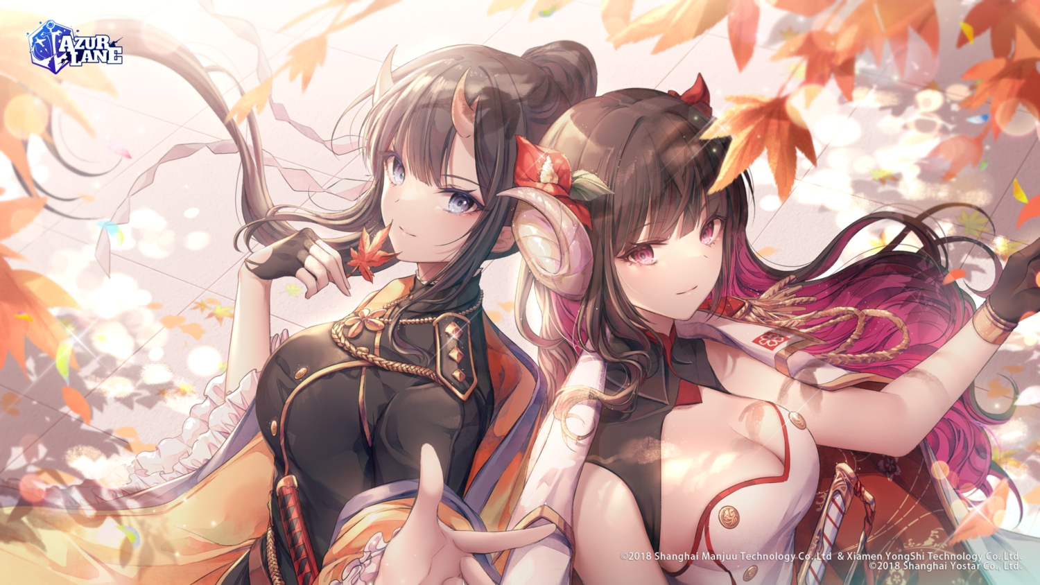 2girls, anthropomorphism, autumn, azur_lane, black_hair, blue_eyes, breasts, brown_hair