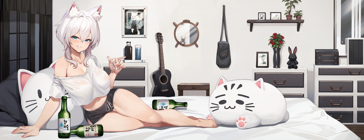 animal_ears, aqua_eyes, barefoot, bed, blush, breasts, catgirl, cleavage