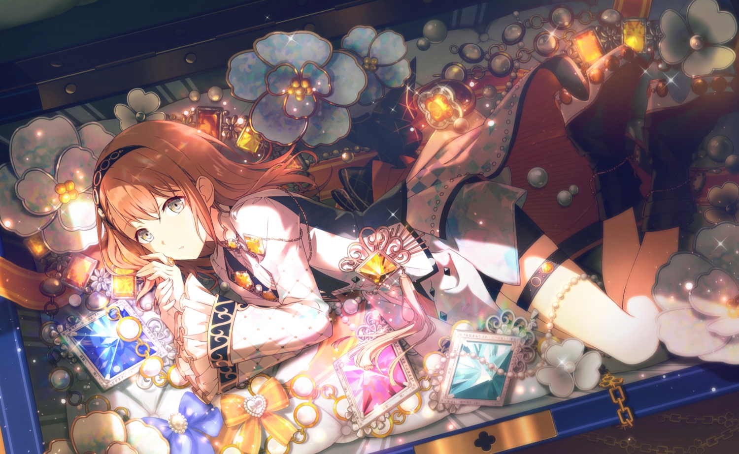 boots, bow, brown_hair, colorful_palette, garter, gray_eyes, hanasato_minori, headband